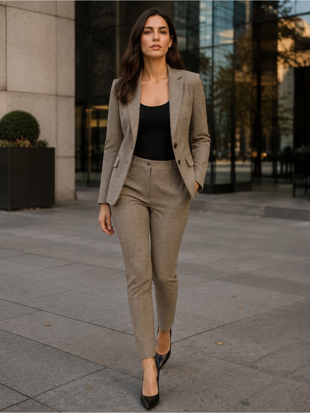 Cleo Houndstooth Pant Suit | M | Brown